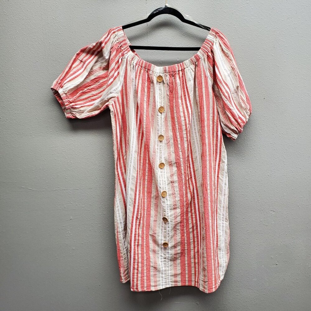 Paper Doll Dress Womens 2XL Pink Red White Striped Puff Sleeve Button Cotton